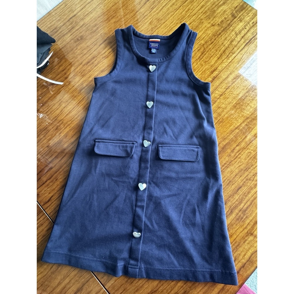 French Toast Girls Navy A-Line Sleeveless Heart Button Front Dress Pockets 7-8